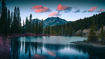 Mount Lorette, pond, mountains, sunset, nature HD wallpaper