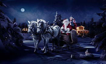 Holidays, Horses, Santa Claus, Night, Fir-Trees, Christmas, Girl, Bag, Sleigh, Sledge, Sack, Presents, Gifts HD wallpaper