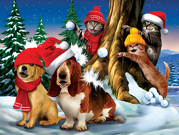 Snowball fight, kittens, sweet, winter, art, fun, snowball, puppies, cute, fight, christmas, snow, adorable, joy, ice, friends HD wallpaper