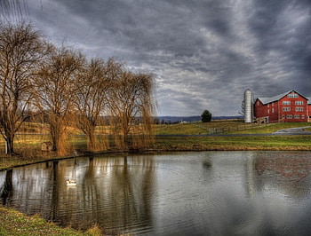 Country Lake, blue, architecture, house, country, lake, reflection, green, red, clouds, nature, sky, water HD wallpaper