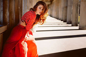 Women Red Dress Outdoors, girls, model HD wallpaper