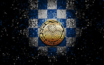 Mito FC, glitter logo, J2 League, blue white checkered background, soccer, japanese football club, Mito FC logo, mosaic art, football, FC Mito HD wallpaper
