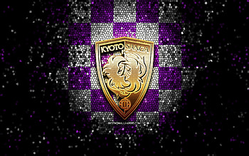 Kyoto Sanga FC, glitter logo, J2 League, violet white checkered background, soccer, japanese football club, Kyoto Sanga logo, mosaic art, football, Kyoto Sanga HD wallpaper