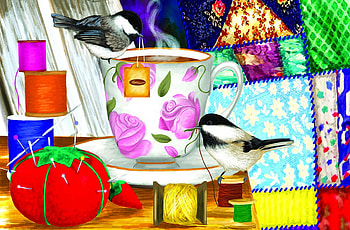 Quilt Mending FC, animal, bird, art, beautiful, illustration, avian, chickadees, artwork, wide screen, wildlife, painting, quilt HD wallpaper