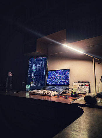 Coder life, desk, night, programmer, spotify, setup, lamp, laptop HD phone wallpaper