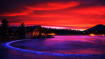 Evergreen Lake Sunrise, Colorado, winter, snow, lights, colors, trees, cabins, sky, usa HD wallpaper