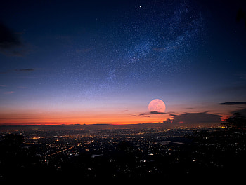 Moon, Cities, Night, City, Lights HD wallpaper