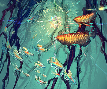 Regrow (detail), blue, art, orange, summer, fantasy, yuumei, pesti, detail, fish, water, vara HD wallpaper