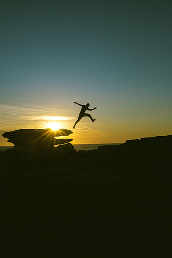 Sunset, Rocks, Dark, Human, Person, Bounce, Jump HD phone wallpaper