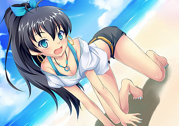 ganaha hibiki, pendant, idolmaster, cute, long hair, beach, ponytail, cloud, shorts, barefoot, blue eyes, girl, black hair, fang, kawaii, earrings, anime, nail polish, blush, open mouth HD wallpaper
