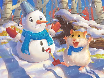Happy hamster, fantasy, snow, hamster, happy, winter, art, snowman, gao wenjie, mouse HD wallpaper