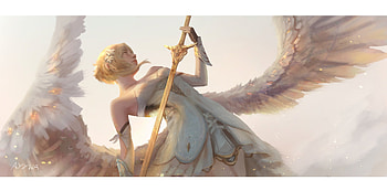 Lumine, white, art, blonde, girl, angel, ayywa, golden, wings, fantasy HD wallpaper