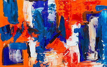 Dynamic abstract expressionist artwork combining vibrant blue, orange, and white hues on canvas. HD wallpaper