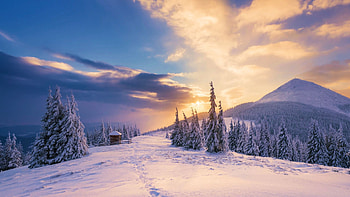 Path through the snow, mountains, traces, landscape, clouds, trees, sky, sunrise HD wallpaper