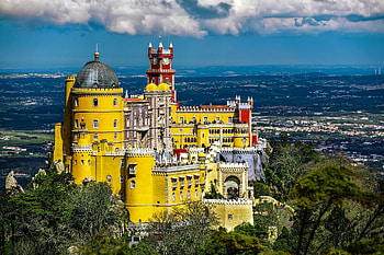 Castelo da Pena Sintra Portugal, blue, sea, summer, peisaj, castelo da pena, yellow, sintra portugal, castle HD wallpaper