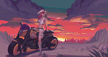 Cyberpunk 2077, cowgirl, art, motorcycle, girl, fantasy, red, bike, matthew radway, luminos, hat, sunset HD wallpaper