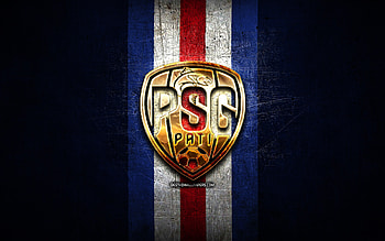 PSG Pati FC, golden logo, Indonesia Liga 1, blue metal background, football, Indonesian football club, PSG Pati logo, soccer, PSG Pati HD wallpaper