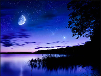 Sky show, night, moon, comets, trees, sky, stars, water HD wallpaper