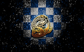 Mississauga Steelheads, glitter logo, OHL, blue white checkered background, hockey, canadian hockey team, Mississauga Steelheads logo, mosaic art, Canada HD wallpaper