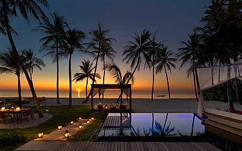 paradise place, magic, beaches, trees, paradise, pool, beautiful, lighets, sunset HD wallpaper