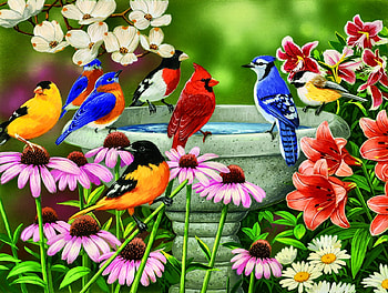 Garden Birdbath F2Cmp, animal, birdbath, avian, painting, goldfinch, cardinal, chickadee, bird, art, oriole, beautiful, illustration, artwork, rose-breasted grosbeak, wildlife, bluebird, flowers HD wallpaper