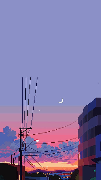 City, Sunset, Art, Moon, House, Pixel HD phone wallpaper