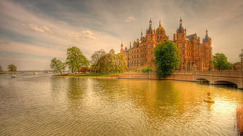 amazing golden castle r, boats, trees, bridge, r, castle, lake HD wallpaper