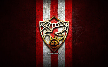 Valur FC, golden logo, Icelandic Football League, red metal background, football, Icelandic football club, Valur Reykjavik logo, soccer, Valur Reykjavik HD wallpaper