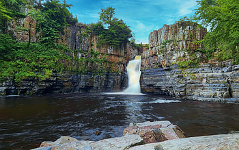 High Force, England, river, tees, trees, sky, cliff, rocks HD wallpaper