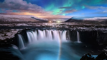 Strange Lights Over Godafoss Waterfall In Iceland, waterfall, iceland, nature HD wallpaper