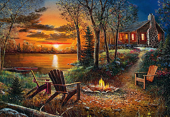 Fireside, artwork, clouds, trees, sky, campfire, cabin, lake, sunset, painting HD wallpaper