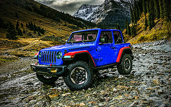 Jeep Wrangler Rubicon, offroad, 2021 cars, mountains, Blue Wrangler, 2021 Jeep Wrangler, SUVs, american cars, Jeep HD wallpaper