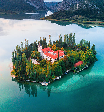 Island, aerial view, lake, castle HD phone wallpaper