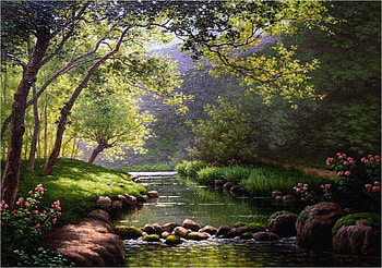 Rene His, river, painting, art, forest, tree HD wallpaper