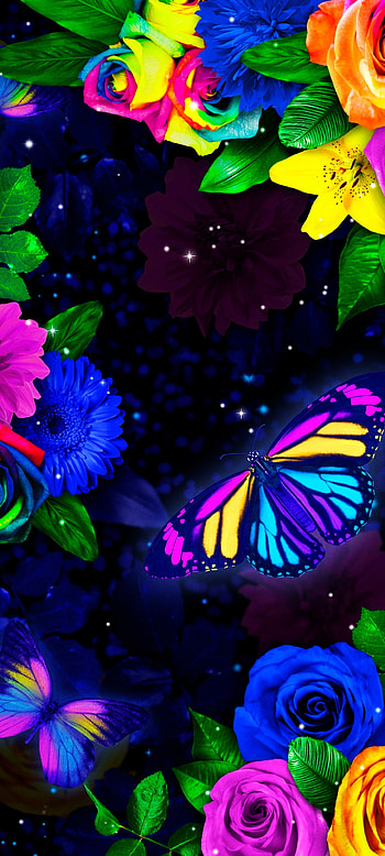 Neon butterfly, flowers, green, blue HD phone wallpaper