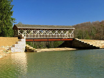 Covered Bridge, bridge, trees, sky, water HD wallpaper