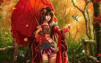 Fly little Bird, umbrella, girl, bird, red HD wallpaper