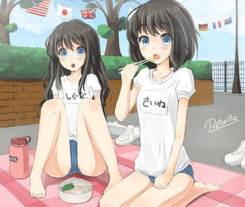 retorio, blue eyes, retoriro, gym uniform, black hair, long hair, food, buruma, feet, short hair, 2girls HD wallpaper