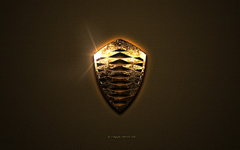 Koenigsegg golden logo, artwork, brown metal background, Koenigsegg emblem, creative, Koenigsegg logo, brands, Koenigsegg HD wallpaper