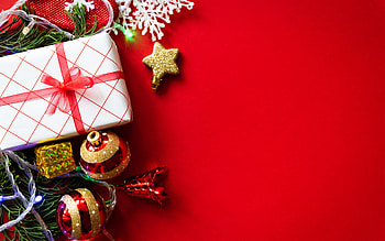 Christmas gifts, Red Christmas background, Festive decorations, High-quality HD wallpaper