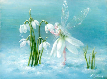 Snowdrops, blue, winter, snowdrop, white, lynne bellchamber, art, girl, spring, fairy, painting, fantasy, flower, green, iarna, luminos, ghiocei HD wallpaper