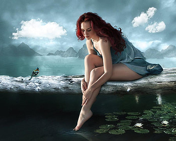 tranquility, bird, 3d, fantasy, flower, sky, girl, lily, legs HD wallpaper