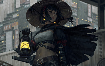 Girl with lantern, art, guweiz, fantasy, light, luminos, lantern, hat, dark HD wallpaper