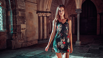 Girl Brunette Flower Dress , girls, model, dress HD wallpaper