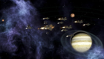Fleet around gas giant, ships, gas giant, stellaris, fleet HD wallpaper