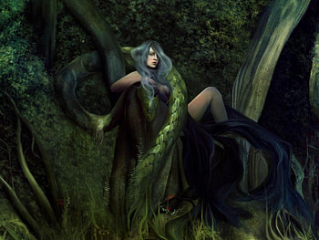 Fantasy girl, snake, black, fantasy, art, green, girl, woman HD wallpaper
