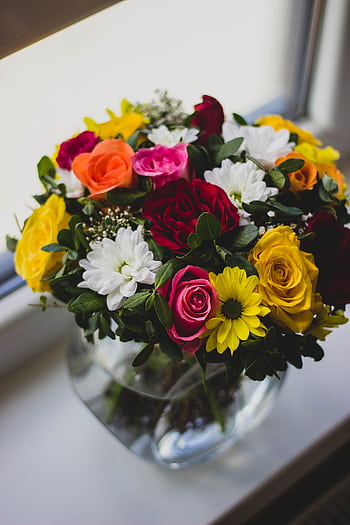 A colorful mix of roses and daisies in a glass vase on a windowsill, brightening the room. HD phone wallpaper