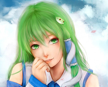 Kochiya Sanae, snake, cute, long hair, 3d, cg, female, sexy, hot, girl, close up, anime girl, anime, touhou, green hair, realistic, green eyes HD wallpaper