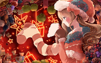 Christmas evening, night, white, berries, girl, gift, anime, candle, light, christmas, red, fruit, apple, manga, evening HD wallpaper