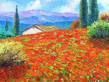 jean marc janiaczyk, art, house, beautiful, painting, field, red, trees, nature, flowers HD wallpaper